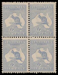 Harrison Plates 6d pale ultramarine Die IIB with Broken Leg on Kangaroo BW #20(3)d being the second unit in a block of 4, characteristic centring for this variety, very lightly mounted, Cat $3100+.