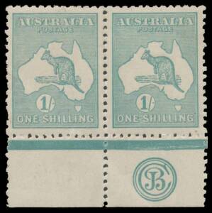 1/- bright blue-green Plate 2 'JBC' Monogram pair BW #32(2)zc, well centred, a few irregular perfs & light bend in the margin, Cat $3340+.