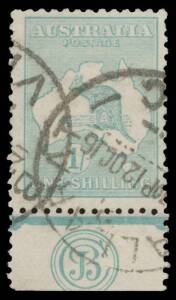 1/- bright blue-green Plate 2 'JBC' Monogram single BW #32(2)zc, commercially used with 'BALLARAT/ 2 / 12OC16/VIC' cds, Cat $3250+. Used shilling values are rarely seen with monograms.