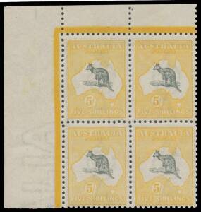 5/- grey & deep yellow BW #44C corner block of 4 from the upper-left of the left-hand pane, the second unit with Eroded NSW Coast & Frame Break at Right 3&frac12;mm from the Top #44(D)d, small patch of minor gum discolouration on the second unit otherwise superb