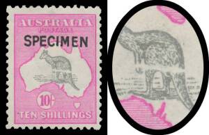 10/- grey & deep "aniline" pink with Type B 'SPECIMEN' Overprint BW #48Bx with Bisected Kangaroo, Cat $600++. A stunning flaw that we have not previously seen. [If you're a child of the 1970s & remember the movie "Catch 22", you'll understand why we were 