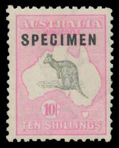10/- grey & pink with Type C 'SPECIMEN' BW #48xb, a few nibbled perfs and diagonal crease at lower-right, Cat $3250. Advertised retail POR. Ex Dr Aubrey Pitt - acquired at the Prestige auction of 19/11/2011 for $2185 - & "Goldfarm". [Only 360 - three shee