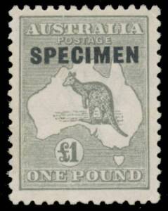 &pound;1 grey with Type D 'SPECIMEN' Overprint BW #53xg, well centred, faint bend, unmounted, Cat $475. Advertised retail $425.