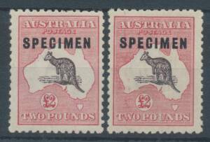 &pound;2 purple-black & rose-carmine with Type C 'SPECIMEN' Overprint BW #56xb x2, one possibly unmounted, the other with a faint "Kiss Print", Cat $750+.