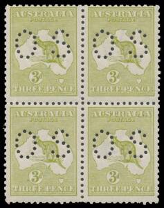 - 3d olive-green block of 4, a few nibbled perfs, unmounted, Cat $1200+ plus a premium for the shade.
