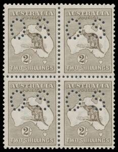 - 2/- greyish brown BW #37Hba block of 4, a few minor bends, unmounted, Cat $12,000+. A very rare multiple.
