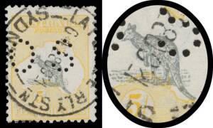 - 5/- grey & yellow with the Kangaroo Misplaced into the Bight BW #43Dbca, superb 'LATE FEE RLY STN/ 28OC21/=SYDNEY=' cds largely clear of the Bight, Cat $9000 for mint (unpunctured); unpriced used. The misplacement is downwards 2mm. While not as dramatic
