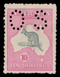 - 10/- grey & deep "aniline" pink with the Watermark Inverted BW #48Ba, characteristic rough perfs, small thin, Cat $5400 (perf 'OS' varieties are priced at 120% of normal stamps). A rare stamp that was absent from Arthur Gray's collection. [ACSC states "