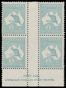 Imprint blocks of 4 comprising 6d from Plates 3 & 4 and 1/- from Plate 3 with Break in Tasmania's North Coast, lower units are unmounted, Cat $1650 (mounted). (3 blocks)