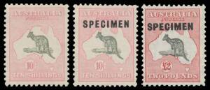 6d x2 (one overprinted 'OS') to 10/- plus 'SPECIMEN' Overprints 10/- & &pound;2 (no gum), hinge remainders. Advertised retail $2500+. (9)