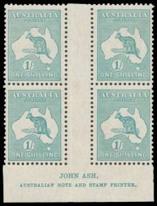 1/- blue-green Plate 4 Ash Imprint ('N' over 'A') BW #34(4)z, the lower units unmounted, Cat $800+ (mounted). Ex Colonel Harrie Evans.