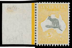 5/- grey & yellow-orange BW #45A marginal from the left of the sheet, well centred, unmounted, Cat.$1500. Advertised retail "POR".