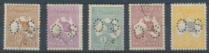 PERFORATED 'OS': 6d to 5/-, variable centring, CTO with part-o.g., the 5/- with full unmounted o.g., Cat $380 (without gum). (5)