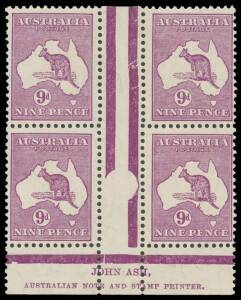 9d violet Plate 3 Ash Imprint block of 4 with Broken Left-Hand "Jubilee" Line BW #29(3)z, the upper units very lightly mounted, the lower units unmounted, Cat $600 (mounted). [NB: the ACSC illustrations are incorrectly labelled. They should be #29(3)z & z