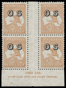 OVERPRINTED 'OS': 6d brown Ash Imprints 'N' over 'A' (unmounted) & 'N' over 'N' (3 units unmounted) BW #23(OS)3z & 4z, a couple of insignificant blemishes, Cat $1550+ (mounted). (2 blocks)