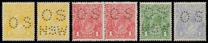 Official punctures with perf 'OS' simplified to 1/4d mostly toned but with fine Rough Paper 1d red Dies I-II pair (Michael Drury Certificate), 4d lemon & 4d blue, also 'OS/NSW' including a couple of very dubious ones, 'VG' 3d & 4d etc. Caveat emptor. (70)