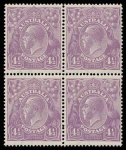 Blocks of 4 comprising 1d green, 1&frac12;d red, 2d brown (a little aged), 3d, 4d olive & 4&frac12;d, generally well centred, unmounted, Cat $1000+ (2007). Advertised retail $1140+. (6 blocks)