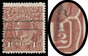 1&frac12;d brown with Cracked Electro through Upper-Right of Right-Hand Value Tablet BW #85(U)k, Adelaide (?) machine cancel is entirely clear of the crack, Cat $750.