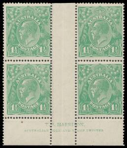 1&frac12;d green Harrison Imprint block of 4 BW #88(17)z, natural paper inclusion in the margin at lower-left, unmounted, Cat $850 (mounted).