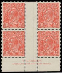 1&frac12;d scarlet Harrison Imprint block of 4 BW #89(16)z, three units unmounted, Cat $500 (mounted).
