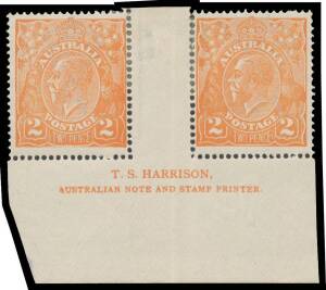 2d orange Plate 8 Two-Line Harrison Imprint pair the first unit with Thinned Frame below 'TWO PENCE' BW #95(8)z, minor thin & rejoining of perfs in the gutter, Cat $2500 for a block of 4. [The space between the base of the stamps & top of the imprint is 4