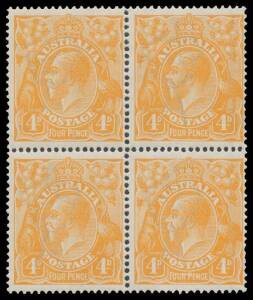 4d orange block of 4, well centred, upper units very lightly mounted, lower units unmounted, Cat $370+.