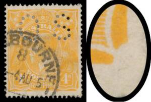 4d orange with Damaged (Void) Lower-Right Corner BW #110(2)u, very well centred, Melbourne cds of 4AU15 well clear of the flaw, Cat $1500. A rare variety that is found only perf 'OS'. [The ACSC states only "one mint and several used examples are recorded"