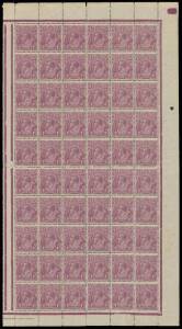 4d violet Plate 1 complete sheet of 120 divided into panes of 60 with all the listed varieties BW #111(1)d to q and the rare Harrison Imprint #111(1)z, generally well centred, a few minor blemishes & several units lightly creased, some mostly minor perf s