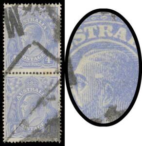 Cooke Plates 4d ultramarine with Temple Flaw BW #112(U)d being the upper unit in a vertical pair, well centred, a couple of minor tonespots on the reverse, untidy Melbourne parcels cancel well clear of the flaw, Cat $1250+. Fine used examples sold at Pres