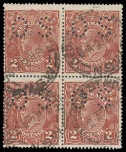 - 2d bright red-brown BW #97ba, commercially used block of 4 with July 1926 cds. A scarce multiple.