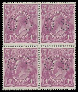 - 4d violet BW #111b block of 4, well centred, unmounted, Cat $1400+. Advertised retail $1400+.