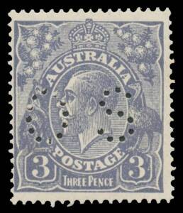 PERFORATED 'OS': 3d dull blue Die I Type A with the Watermark Inverted, unmounted, Cat $225. [The pricing in the ACSC is apparently an error. In the 2007 edition, the normal perf 'OS' was Cat $150 & with Wmk Inverted $200. In the 2014 edition, the figures