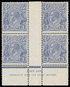- 3d dull blue Die II Ash Imprint block of 4 BW #108z, three units unmounted, Cat $250 (mounted).
