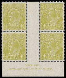 - 4d olive Ash Imprint block of 4 with Diagonal White Line on King's Neck BW #115(4)n, perf separation at upper-left, the first unit with the faintest evidence of having been mounted, the other units unmounted, Cat $1200+ (mounted).