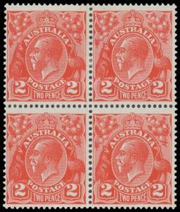 2d golden scarlet No Watermark BW #102aa block of 4, lightly to very lightly mounted, Cat $16,000+. Chris Ceremuga Certificate (2012) states "extremely rare as a multiple". [The ACSC states "The largest pieces now surviving are believed to be blocks of 4"