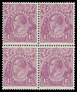4&frac12;d violet block of 4 [15-16/21-2] Retouched Left value Tablet and White Flaws above Kangaroo's Leg, over 'CE' of 'PENCE' & over '4' at Right BW #120s & u, unmounted.