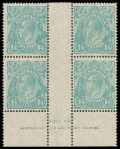 1/4d greenish blue Ash Imprint block of 4 BW #130z, a bit aged, the lower units unmounted, Cat $3000 (mounted).