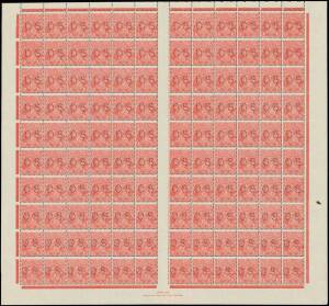 PERFORATED 'OS': 1&frac12;d scarlet Plate 1 complete sheet of 120 with several - but not all - of the listed varieties, Single Plate Dot and Ash ('N' over 'A') Imprint BW #41z & zb, wayward centring, unmounted, Cat $2500+. Advertised retail $6000 as singles.