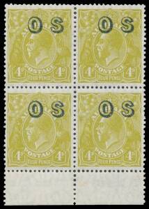 - 4d greenish olive marginal block of 4 from the base of the sheet, well centred, unmounted, Cat $200+.