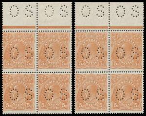 - 5d orange-brown BW #126b two marginal blocks of 4 - formerly a block of 8 - from the top of the sheet, Cat $2600+. Advertised retail $2600+.
