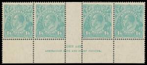 1/4d turquoise-blue Ash Imprint strip of 4 BW #131z, the last unit with Retouched (Thick) '1' at Right #131na, unmounted, Cat $1500+ as unmounted singles.