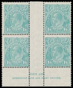 1/4d greenish blue Ash Imprint block of 4 BW #131z, the left-hand units with scratches on the gum that don't affect the facial appearance, unmounted, Cat $1000 (mounted).