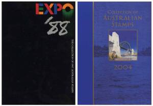 Australia Post Year Albums so-called "deluxe" editions 1981, 1982 (x2), 1983 (x3), 1985 (x2), 1987 (x2, one with Expo '88 cover), 1989-91 and 2004; and so-called "executive" editions 1984 (x2), 1986 (x2) and 1987-2013, plus the three Collectors' Yearbooks