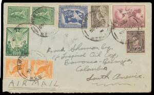 Pre-decimal group mostly to unusual destinations including Cyprus, Jamaica, Egypt, Finland, Argentina, Chile, Colombia, Uruguay etc, also a 1950s entire packet wrapping to the USA with 1/- Olympics & 5/- Arms, generally good to very fine. (21)
