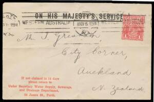1915 OHMS cover to Auckland with KGV Smooth Paper 1d red Die II perf 'OS' tied by Perth machine cancel, minor defects.