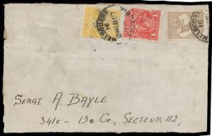 1917 large piece from an OHMS parcel to a soldier in France with rare perf 'OS' franking of KGV 4d lemon-yellow (Cat $750 on cover) +1d red & defective 2/- brown Roo all tied by Melbourne cds, minor soiling.