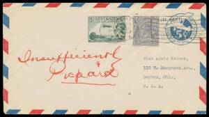 1929 (June 4) philatelic usage of United States 5c Air Mail Envelope to Ohio uprated with KGV 3d blue & 3d Airmail tied by Perth machine cancel, endorsed "Insufficiently/Prepaid" in red, Chicago b/s of JUL7/1929 & slogan cancel of the same date.