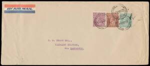1929 commercial airmail cover to "Yalbalgo Station/via Carnarvon" with scarce franking of Small Multiple Wmk Perf 14 4&frac12;d violet and Perf 13&frac12;x12&frac12; 2d brown & 1/4d greenish blue all tied by Perth cds. [The rate was 1&frac12;d per oz + airmail supplement of 3d per &frac12;