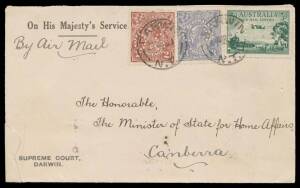 1931 Supreme Court (Darwin) OHMS cover by air to Canberra with rare perf 'OS' franking of KGV SMult Wmk Perf 13&frac12;x12&frac12; 2d brown & 3d blue Die I plus 3d Airmail tied by small 'DARWIN/NT' cds, Brisbane transit b/s, repaired fault at lower-left. A very desirab