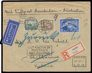 1931 registered cover from Germany endorsed "Mit Luftpost Amsterdam-Australian" with 1930 Charity Buildings 8pf & 50pf Mi 450 & 453 plus Sudamerikafahrt 2mk Mi 438 (Cat &euro;500 on cover) tied by 'APOLDA' cds, Batavia transit b/s proving carriage per KLM, var